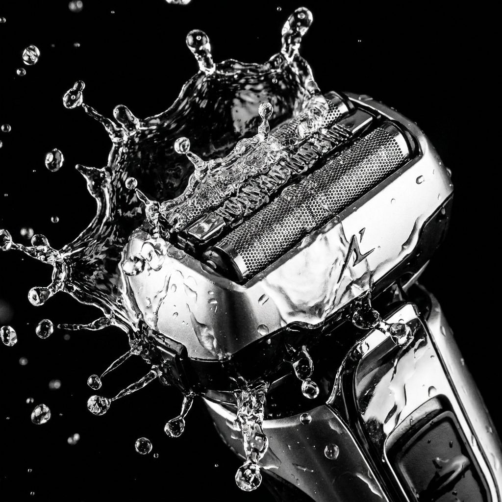 Splash of clear water on polished metal